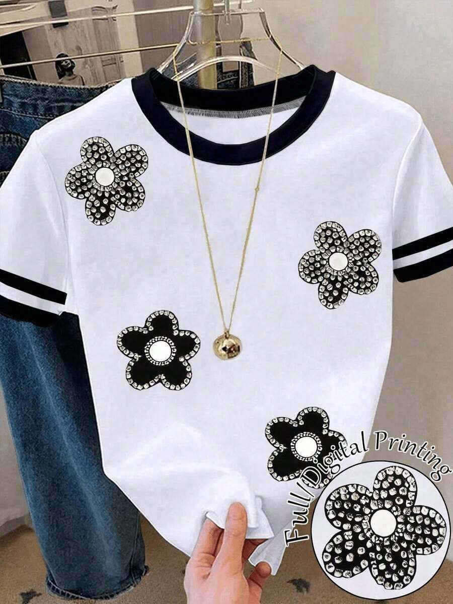 Camiseta de manga corta de cuello redondo casual con ribete de contraste para mujer, verano - Multicolor 13 - Ver 1