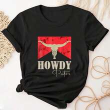 Camisetas de Algodón con Cuello Redondo y Estampado Gráfico para Mujer, Diseño de Calavera de Vaca sobre Fondo Rojo, Camisetas Casuales de Manga Corta de Talla Grande, Camisetas Unisex, Camisetas de Moda para Mujer de Primavera y Verano. - Negro - Ver 3