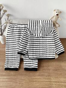 2pcs/Set Baby BoyStriped Bear Hoodie Sweatshirt & Cartoon Print Pants Set - Black and White - View 2
