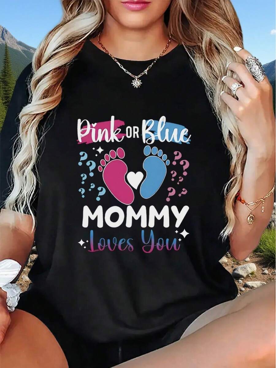 Women's Short-Sleeved Summer T-Shirt With Pink And Blue Footprint Print "Mom Loves You" -- Lightweight And Breathable - 黑色 - 查看 1