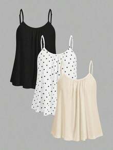3 piezas Tops de camisola holgados y plisados para mujer, con tirantes ajustables, aptos para primavera y verano - Multicolor 7 - Ver 1
