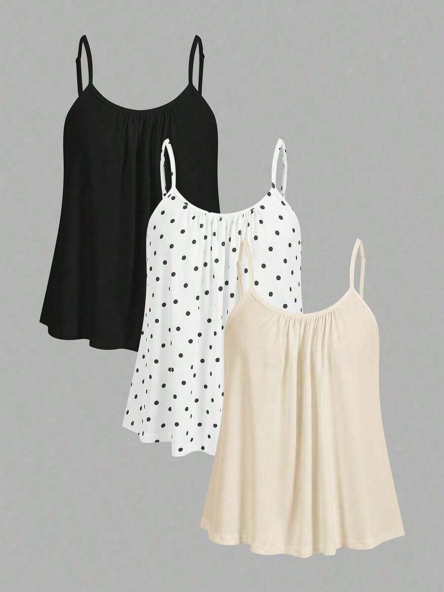 3 piezas Tops de camisola holgados y plisados para mujer, con tirantes ajustables, aptos para primavera y verano - Multicolor 7 - Ver 1