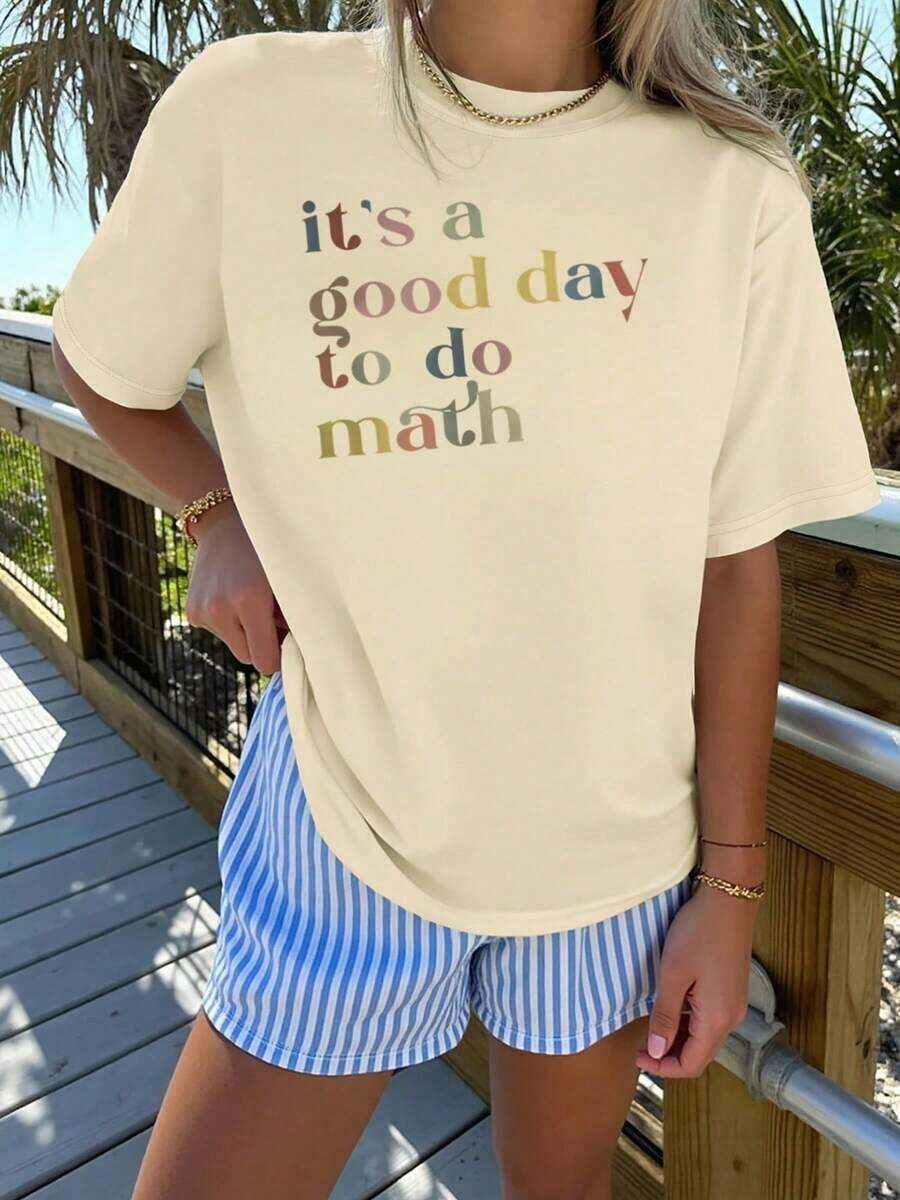 Women's Short-Sleeve Round-Neck T-Shirt, 100% Polyester Fiber, Machine Washable, Easy To Care For, Casual Pattern With Colorful Letter Prints, Fun Math-Themed Design, Minimalist Casual Shirt Summer New Style Top For Daily Wear And Travelplayeras de mujer - Albaricoque - Ver 1