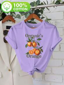 Talla Grande, Camiseta Casual de Manga Corta con Cuello Redondo y Estampado de Frutas Naranjas con Hojas para Mujer de Talla Grande - Morado - Ver 6