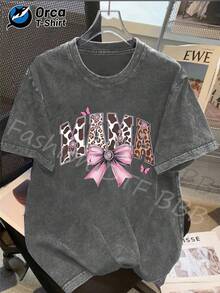 1 camiseta con estampado de leopardo y patrón de vaca, lazo rosa y gráfico MAMA, de algodón lavado de alta calidad, marca Orca, adecuada para uso diario, un artículo popular, perfecto para regalar a familiares y amigos en Pascua, Día de la Madre, Día de la Independencia y otras festividades. 180g 100% Algodón - Gris - Ver 7