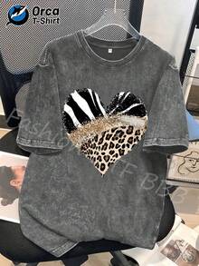 1 camiseta con estampado de cebra, leopardo y corazón con brillo, camiseta de moda de algodón lavado de alta calidad de la marca Orca, camiseta unisex, un artículo popular para uso diario, perfecta para regalar a familiares y amigos en Pascua, Día de la Madre, Día de la Independencia y otras festividades. 180g 100% Algodón - Negro - Ver 5