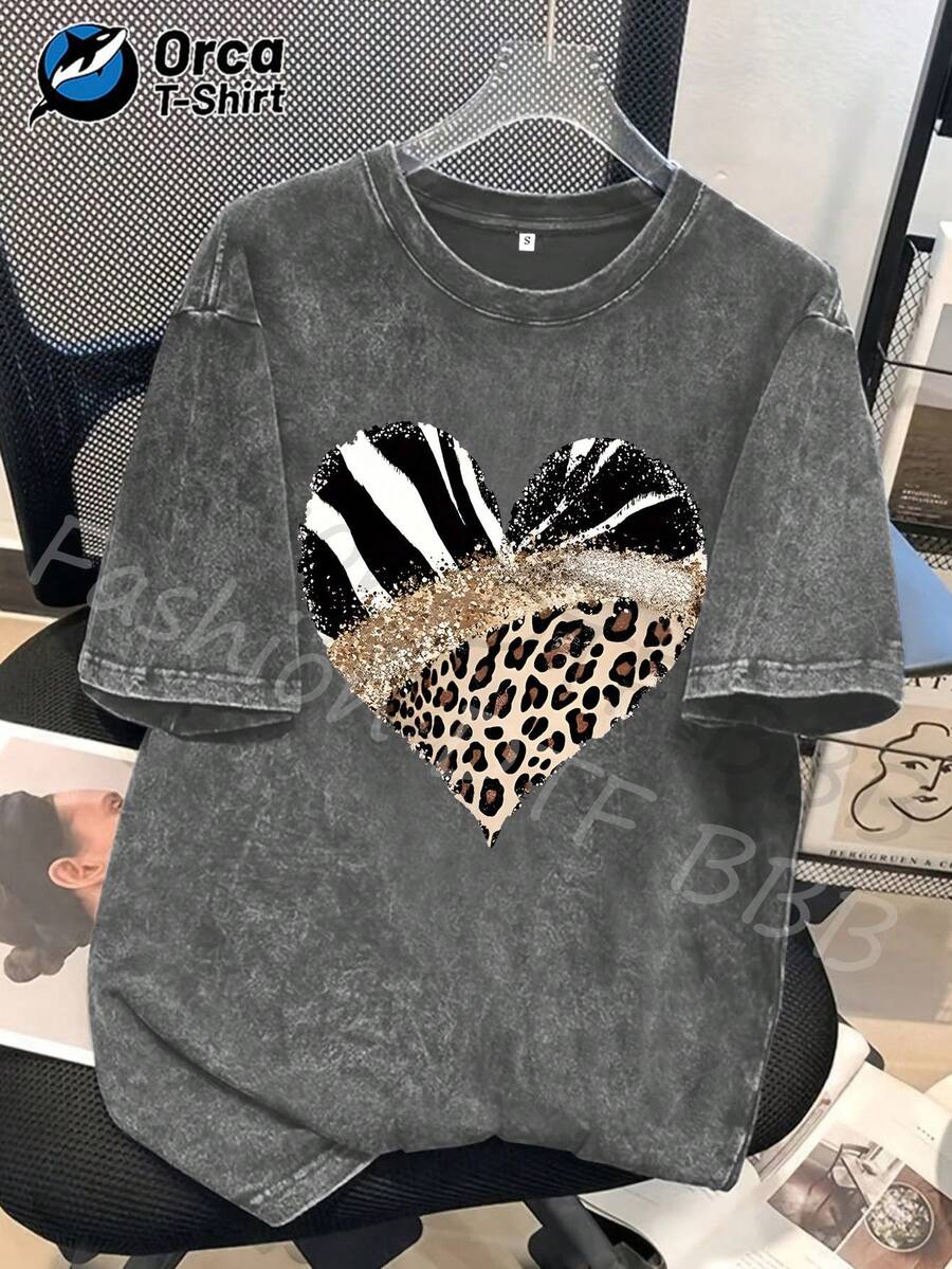 1 camiseta con estampado de cebra, leopardo y corazón con brillo, camiseta de moda de algodón lavado de alta calidad de la marca Orca, camiseta unisex, un artículo popular para uso diario, perfecta para regalar a familiares y amigos en Pascua, Día de la Madre, Día de la Independencia y otras festividades. 180g 100% Algodón - Gris - Ver 1