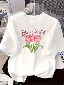 Camiseta con Estampado de Tulipanes Holandeses - Camiseta de Manga Corta de Corte Holgado con Patrón Floral Holandés Rosa y Verde, Camiseta Casual Transpirable de Cuello Redondo, Adecuada para Usar en la Playa en Verano, Camiseta Base para Combinar en Todas las Temporadas (Lavable a Máquina) Alta Calidad, Transpirable y Cómoda - Blanco - Ver 1