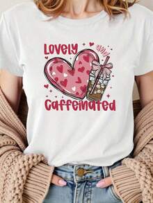 Camiseta de mujer con un estampado divertido de "LOVELY And Caffeinated" con corazón y taza de café, talla grande, camiseta casual de moda con cuello redondo para primavera/verano, ideal para uso diario, compras y reuniones informales.Estilo de verano, transpirable y cómodo - Blanco - Ver 1