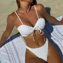 Nuevo bikini de dos piezas de tela especial de color sólido con lazo. - Albaricoque - Ver 3