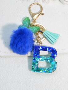 1pc Blue Heart Letter Keychain With Butterfly & Flower Decor, Women Bag Charm, Gift Keyring With Pom Pom - Royal Blue - View 31