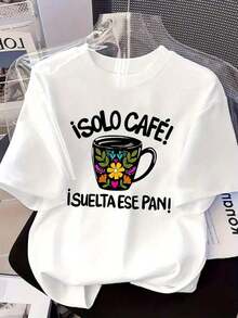 Camisetas de talla grande para mujer - Camiseta holgada de hombros caídos, tops casuales de manga corta, camiseta de manga corta con estampado frontal - Taza de café, cultura del café - Camiseta estampada de primavera/verano para mujer, artículo de moda, versátil y casual, transpirable y cómoda. - Blanco - Ver 1