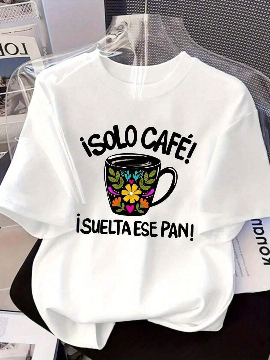 Camisetas de talla grande para mujer - Camiseta holgada de hombros caídos, tops casuales de manga corta, camiseta de manga corta con estampado frontal - Taza de café, cultura del café - Camiseta estampada de primavera/verano para mujer, artículo de moda, versátil y casual, transpirable y cómoda. - Blanco - Ver 1