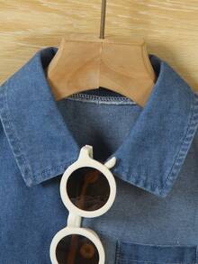 2pcs/Set Young BoyFashionable Contrast Color Design Collared Short Sleeve Denim Shirt And Casual Shorts Set, Summer - Blue - View 3