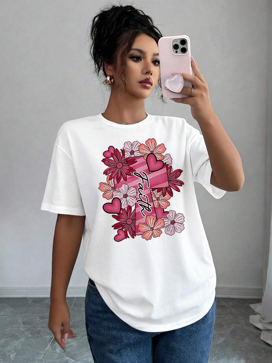 Camiseta casual de manga corta para mujer con diseño floral y temática cristiana, perfecta para primavera y verano - [Blanco] - Ver 1