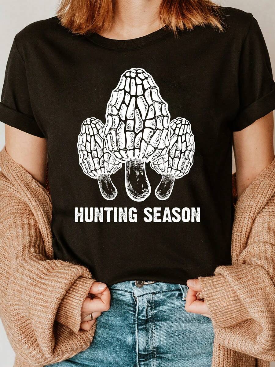 Round Neck T-Shirt With Mushroom Print, Casual Short Sleeve Top For Summer And Spring, Women's Clothing - 黑色 - 查看 1