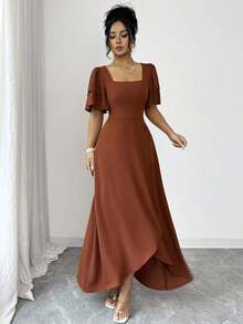 YHHRafferiza Vestido de mujer con cuello cuadrado francés, con volantes en capas adelgazantes, manga corta. Vestido vintage con diseño de botones y bajo asimétrico, elegante para ir al trabajo, citas, vacaciones y salidas.YHH - Rosa vieja - Ver 10