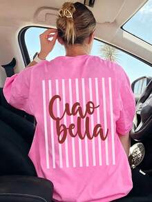 Damen-T-Shirt aus 100 % Baumwolle mit italienischem romantischem Zitatmuster, modisches, weiches und atmungsaktives Kurzarm-Top in Rosarot (auch in großen Größen erhältlich). - Heißes Pink - Übersicht 3