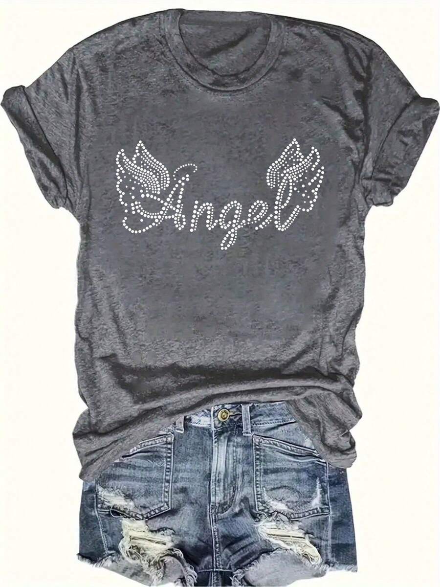 Talla Grande - Talla Grande - Camiseta Casual de Talla Grande con Mangas Cortas y Estampado de Letras, Adecuada para Verano y Primavera, Ropa de Talla Grande para Mujer - Gris Oscuro - Ver 1