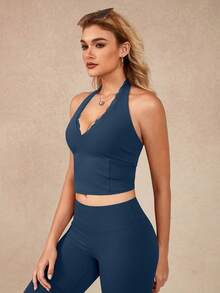 NcmRyu Women's One Set Solid Color Lace Trim V-Neck Halter Backless Vest & Ruched Flare Pants Sports Suit - Blue - View 6