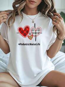 Camiseta de Enfermera Pediátrica 2026 con Diseño de Corazones a Cuadros y ECG para Enfermeras, Camiseta de Mujer "Love and Carecool" - Blanco - Ver 7
