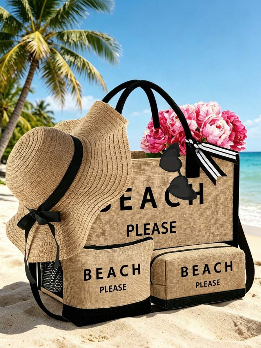 海灘主題女款手提包套裝，印有「Beach」文字，大容量手提包與兩個化妝包，適合婚禮、假期和度假，也適合日常使用，是送給女性、母親、老師、朋友、伴娘、學生的絕佳禮物，也適合生日、假期和週末度假