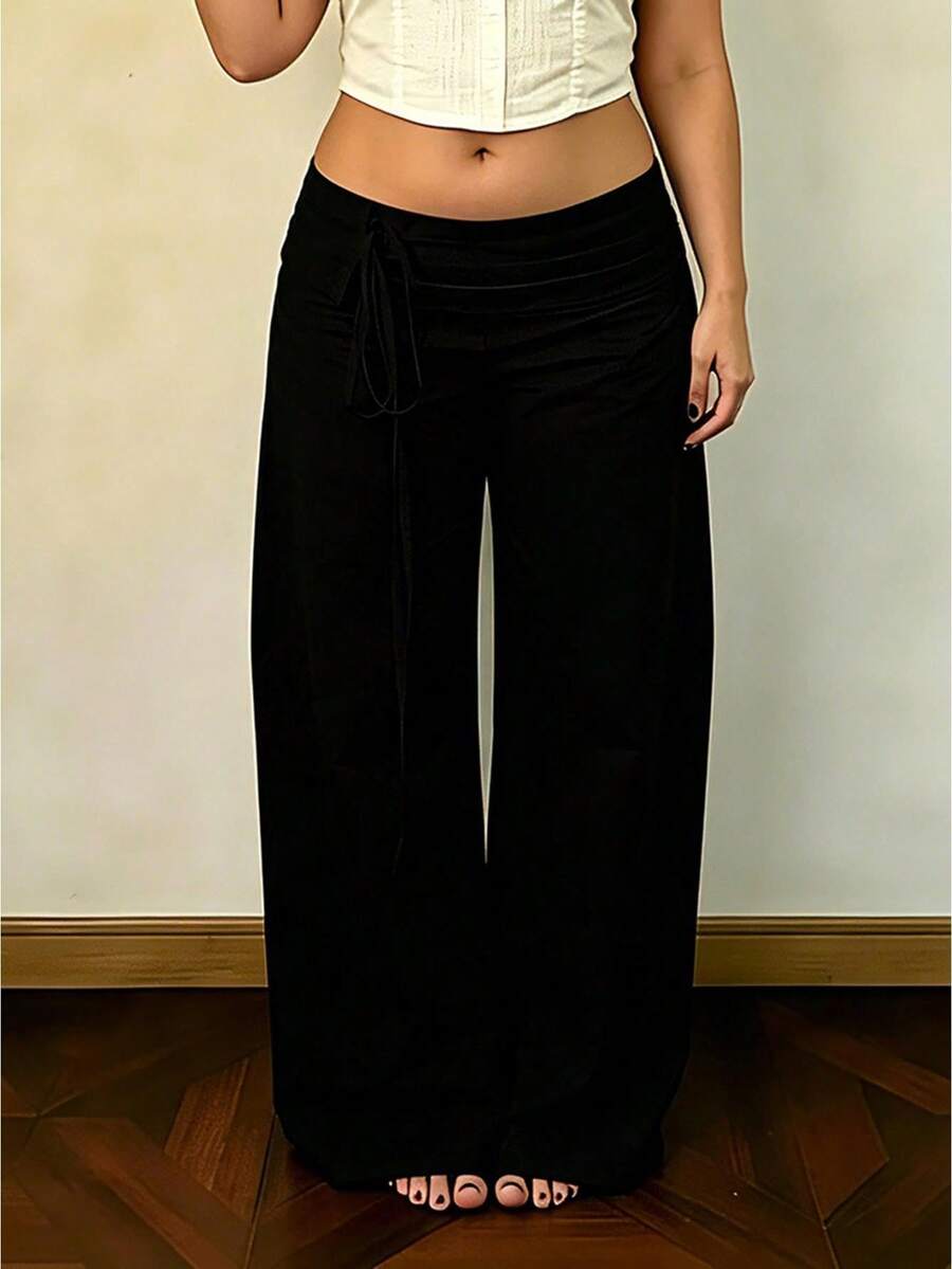 Women's Plus Size Casual Pants Fashionable Solid Color Waist Tie Loose Fit Wide Leg Pants - Negro - Ver 1