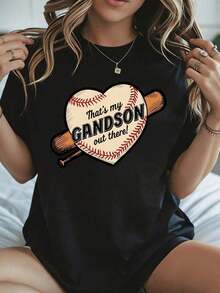 Elegante y casual para mujer, manga corta, camiseta de béisbol, estampado de corazón y bate de béisbol para el Día de la Madre, "Ese es mi nieto ahí fuera", ropa casual blanca para primavera y verano. - Negro - Ver 8