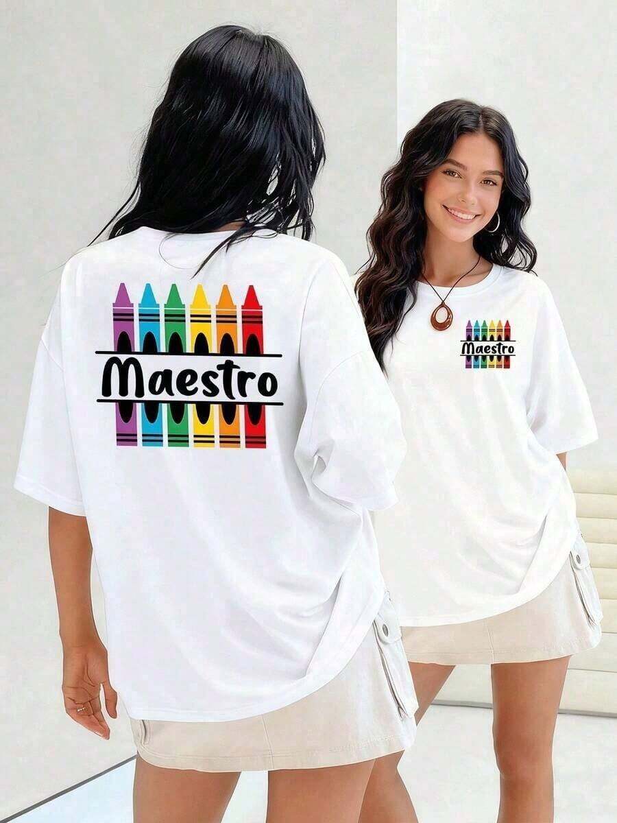 short-sleeveRound Neck Camiseta de mujer con crayones de arcoíris que forman un diseño vibrante, ideal para profesores y amantes del arte, 100% algodón para la máxima comodidad.100% Cotton Blusas Para Mujer Casual100% Cotton - Blanco - Ver 1