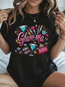Elegante y casual camiseta de manga corta para mujer, diseño Glam Ma para el Día de la Madre con maquillaje y cócteles, ropa casual blanca para mujer, primavera verano. - Negro - Ver 8