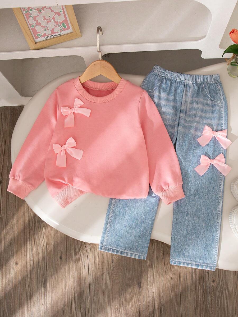 2pcs/Set Girls Casual Everyday Outfit - Solid Color Bow Decor Long Sleeve Top And Long Pants, Regular Fit, Spring/Autumn - Pink - View 1