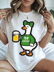Stylish And Casual Women's Short-Sleeved T-Shirt With Cute Duck And Beer Design, St. Patrick's Day Lucky Duck With Green Bow And Beer Mug, White T-Shirt For Women, Casual Spring And Summer Wear. - 白色 - 查看 8