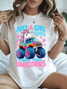 Stylish And Casual Women's Short Sleeve,Unicorn Monster Truck T Shirt For Girls With Just A Girl Who Loves Monster Trucks And Unicorns Print White Casual Wear For Spring Summer - 白色 - 查看 8