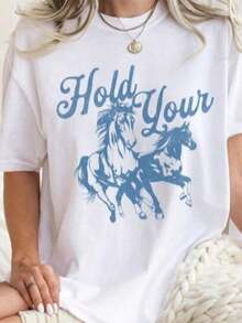 Camiseta "Hold Your Horses", Camiseta Vaquera Country Western para Mujer, Camiseta Retro Boho, Camiseta Gráfica Estética de Talla Grande, Camisetas Gráficas Hippie Unisex, Camiseta Divertida - Blanco - Ver 5