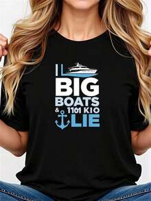 Camiseta Divertida para Mujer con Estampado de Crucero "Me gustan los barcos grandes y no puedo mentir" - Diseño náutico con eslogan, crucero y aro salvavidas, camiseta de manga corta con cuello redondo, suave y transpirable, adecuada para atuendos de vacaciones en crucero, fiestas temáticas y uso casual - Estilo Y2K Casual para Mujer. - Negro - Ver 7