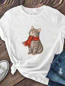 ModaModa1 Camiseta de manga corta para mujer con un estampado de un lindo gato con una bufanda roja, hecha de fibra de poliéster suave y transpirable, elasticidad media, lavable a máquina, camiseta casual de manga corta, diseño moderno, nuevo modelo 2026, camiseta estampada de cuello redondo, 180g 100% algodón. - Blanco - Ver 3