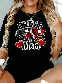 Camiseta "Cheer Mom" con diseño de megáfono, pompón y corazones para seguidores de las porristas, 180g, para ocio en casa, al aire libre, regalo para el Día de San Valentín o fiestas. - Negro - Ver 1