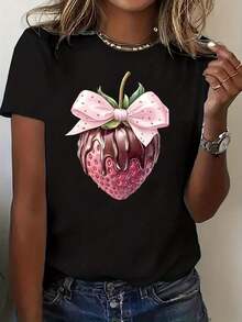 Women's Strawberry Print T-Shirt - Comfortable Round Neck, Casual Top For All Seasons, Stylish And Modern Clothing, Short Sleeves, Breathable Fabric, Perfect For Everyday Wear. Suitable As A Gift. Women's T-Shirt. Blouses > Elegant. Boho Chic. Soft, Breathable, And Comfortable Women's Top, Ideal For Spring, Summer, And Autumn, Perfect For Vacations, Travel, And Everyday Wear. - 黑色 - 查看 7