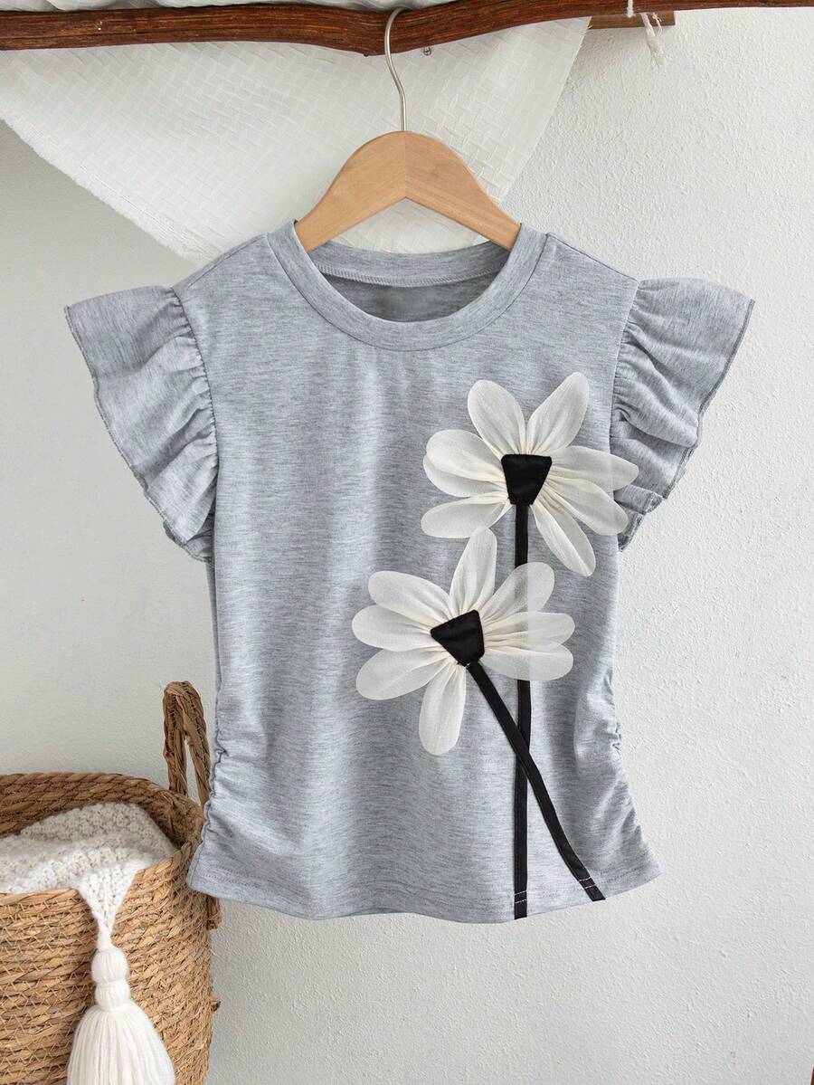 Atasan Tanpa Lengan Kasual untuk Anak Perempuan dengan Dekorasi Bunga 3D, Warna Polos, Musim Panas - Grey - View 1