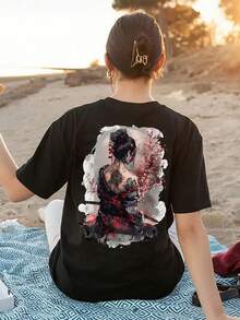 Japanese Samurai, Sakura, And Geisha Print T-Shirt | Casual Short-Sleeved Crew Neck T-Shirt For Summer And Spring, Loose And Comfortable Women's Clothing. - 白色 - 查看 6