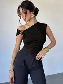 Asymmetrical Off-The-Shoulder Top With Metallic Embellishments, Stylish And Casual, Suitable For Going Out, Parties, And Other Occasions/Autumn For Women/Halloween Costume For Women/Red Christmas T-Shirt/New Year's Top/Elegant Top For Women - 黑色 - 查看 4