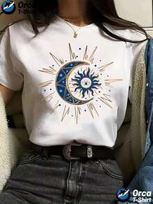 100% Cotton Women's Casual Short Sleeve T-Shirt - 100% Cotton Geometric Crescent Moon And Stars Print, Round Neck, Spring And Summer Top, Machine Washable - 白色 - 查看 1