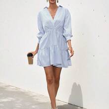 Aveloria Frievida Striped Print Ruffle Hem Smock Dress Dresses For Women Elegant  - Azul y blanco - Ver 4