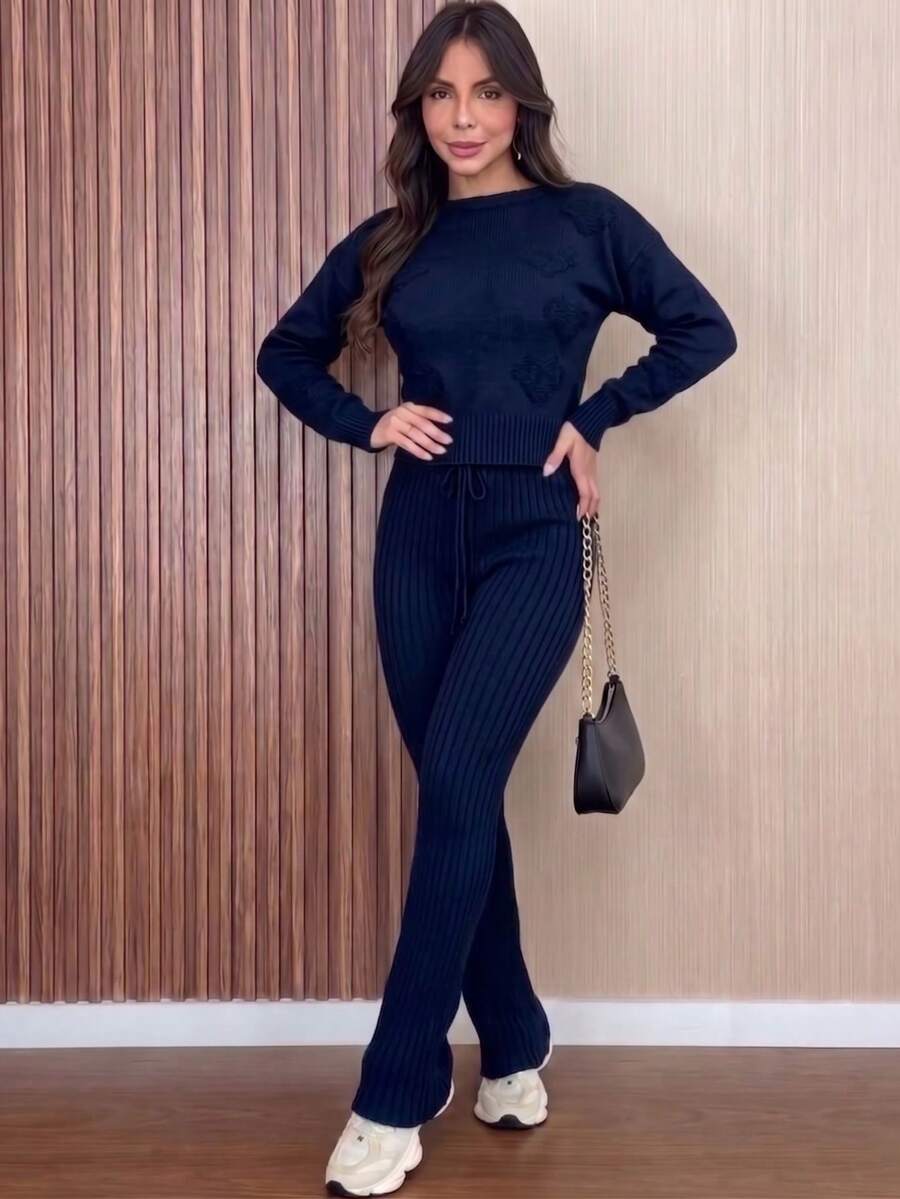Women's Ribbed Knit Set: Long-Sleeved Blouse With Heart Details, High-Waisted Pants With Adjustable Drawstring, Casual Autumn/Winter Knitwear - Navy Blue - View 1