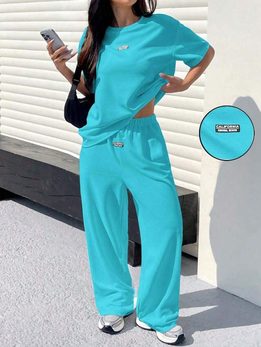 Conjunto informal de camiseta holgada y pantalones con textura mostaza para mujer - Azul - Ver 1