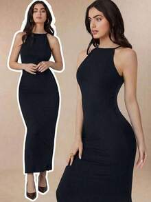 Vestido largo de mujer de unicolor con cuello halter sin mangas, cintura ceñida, ajuste delgado, color negro, adecuado para el transporte urbano, negocios, casual, elegante, ocasiones formales, estilo retro de los 90, diario, viaje, atuendo minima - Negro 2 - Ver 5