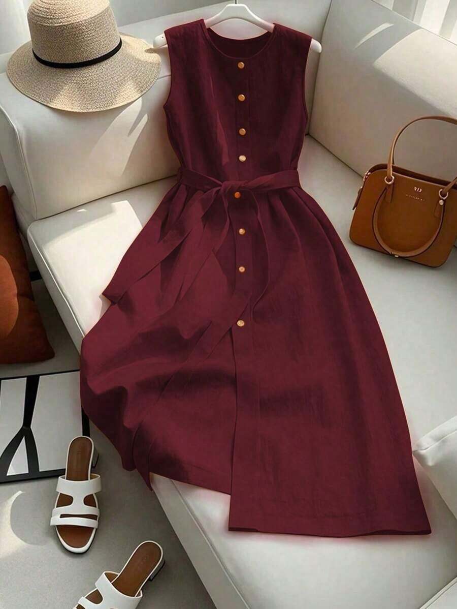 Vestido estilo francés de media pierna sin mangas de alta gama color naranja para mujer - Burdeos - Ver 1