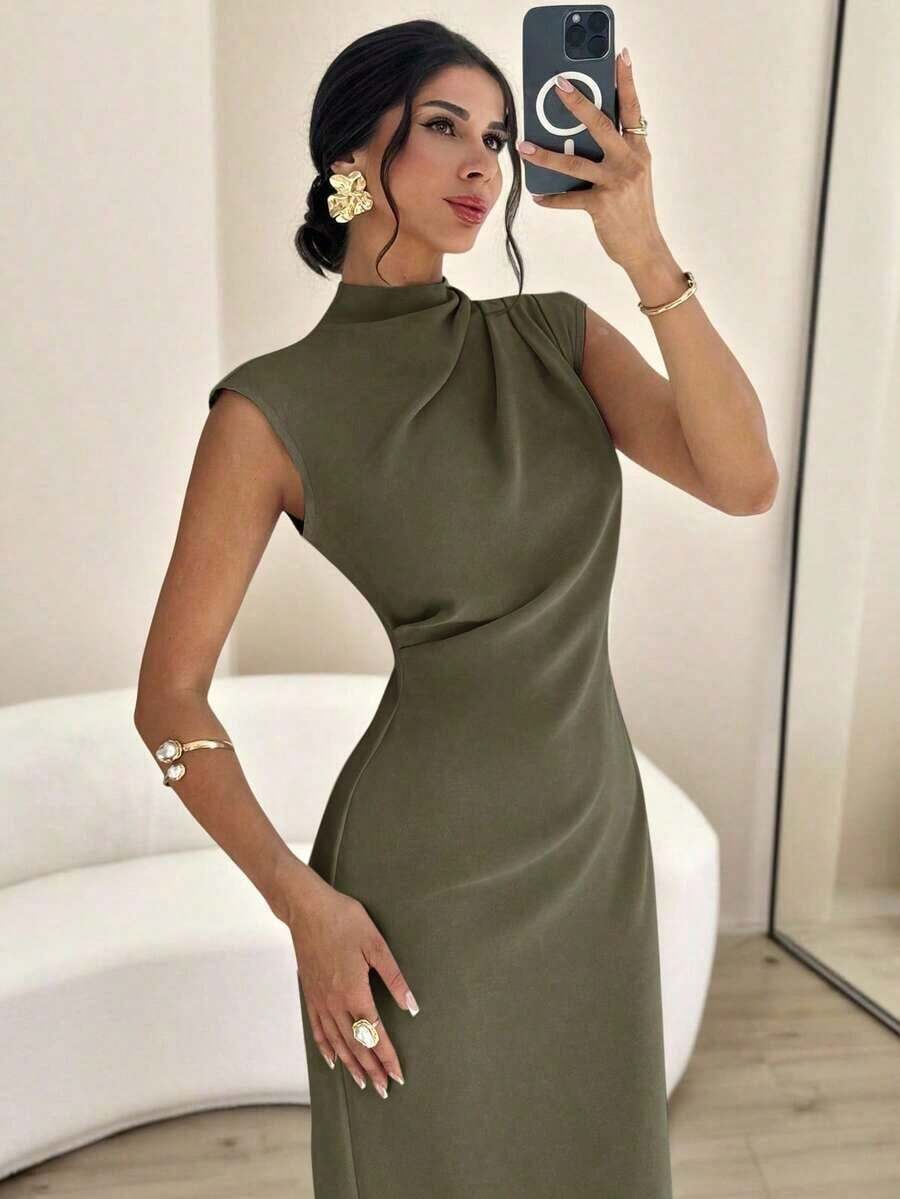 Vestido largo de verano elegante y minimalista para uso diario, viajes y ocasiones casuales, con cuello mao, mangas drapeadas y cintura ceñida, color albaricoque - Verde militar - Ver 1