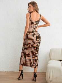 Vestido ajustado de tirantes con estampado geométrico - Negro - Ver 2
