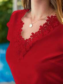 Clasi Camisa de unicolor con escote en V y mangas abultadas para vacaciones y uso casual, blusas de manga corta - Rojo - Ver 6